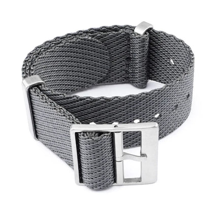 Gray woven watch strap with silver buckle on a white background