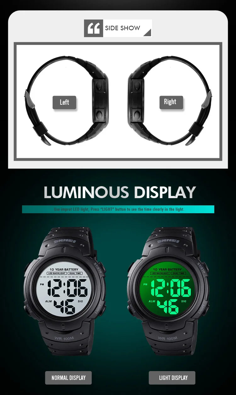 Two digital watches with different display modes on a black background, labeled 'Left' and 'Right'.