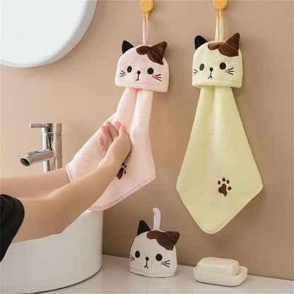 Cute Cat Coral Velvet Hand Towel – Soft Absorbent Hanging Towel for Kitchen & Bathroom