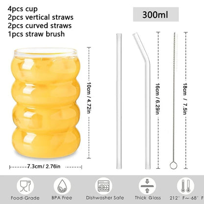 Ribbed Glassware Cups with Straws Set – Cocktail Fruit Coffee Mug Clear Glass