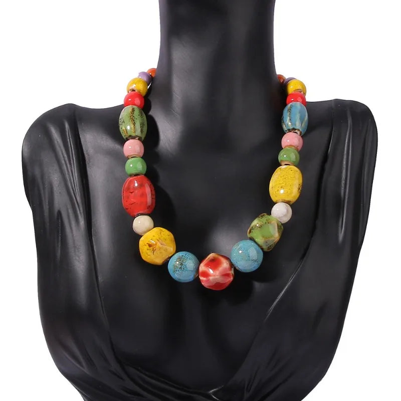 Colorful Handmade Ceramic Necklace – Multilayer Boho Beaded Jewelry