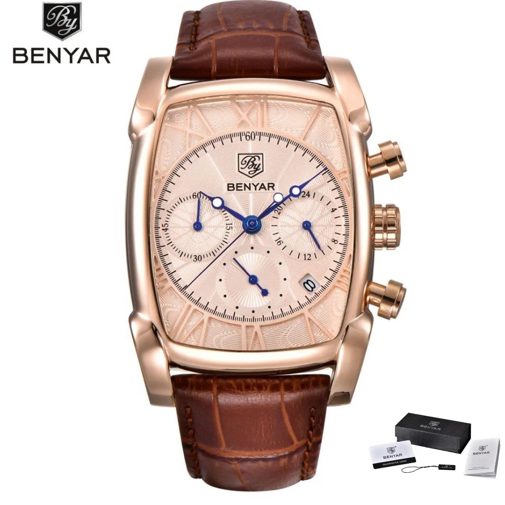 Relogio Masculino Mens Watches Top Luxury Brand BENYAR Chronograph Leather Quartz Watch Men Military Sport Rectangle Wristwatch - BeeTrendyShop.COM
