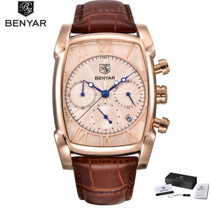 Relogio Masculino Mens Watches Top Luxury Brand BENYAR Chronograph Leather Quartz Watch Men Military Sport Rectangle Wristwatch - BeeTrendyShop.COM