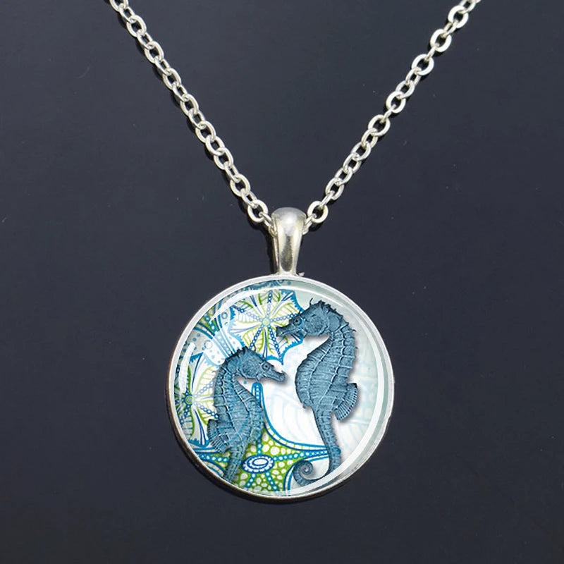 Ocean Marine Animal Glass Dome Pendant Necklace – Sea Turtle, Dolphin & Starfish Long Chain