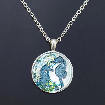 Ocean Marine Animal Glass Dome Pendant Necklace – Sea Turtle, Dolphin & Starfish Long Chain