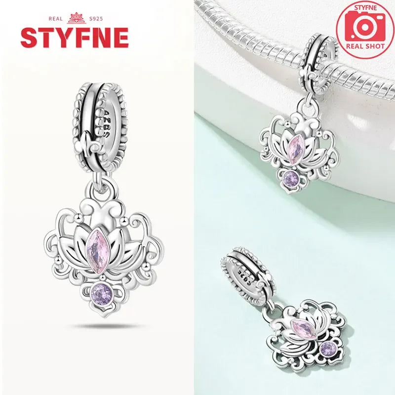 925 Silver Rose Pink Flower Shiny  Zircon Charm Beads For Original Charms Original Bracelet for Women DIY fine Jewelry Gift