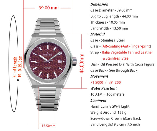 Cronos Luxury Men Watch For Men 39mm Skyline PT5000 SW200 Movement Automatic Wristwatches Sapphire 10ATM See-through Back L6028M