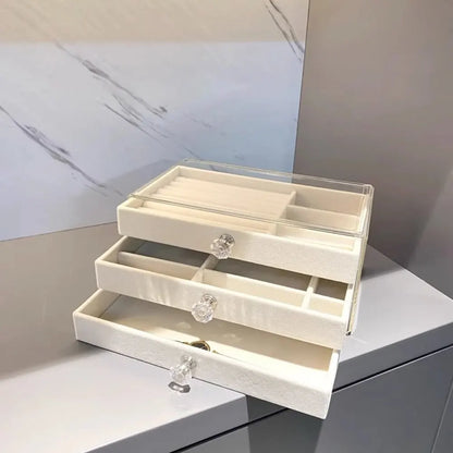 3-Layer Flannel Jewelry Box with Drawers – Earrings, Necklaces & Rings Organizer