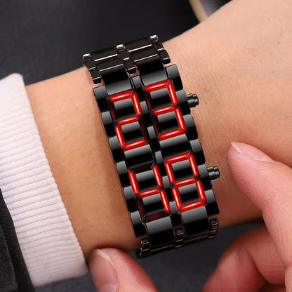 Fashion Mens Digital Lava Wrist Watch Men Black Full Metal Red Blue LED Display Watches Gifts for Male Boy Sport Creative Clock - BeeTrendyShop.COM