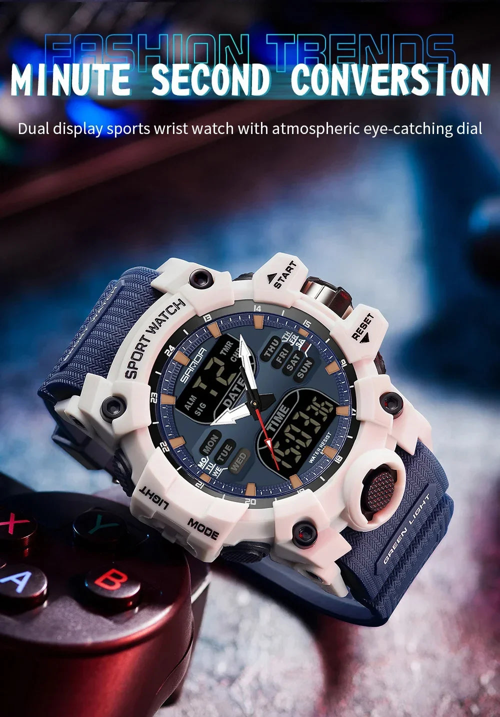 SANDA 6126  Digital Clock Dual Display Men Watches Waterproof Sports Watch Military Man Alarm Stopwatch Quartz Wristwatch Male