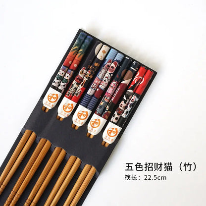 5-Pair Cute Multi-Color Bamboo Chopsticks Set – Non-Slip Household Wooden Tableware