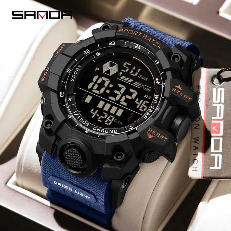 Digital sports watch with blue strap and visible brand name on packaging
