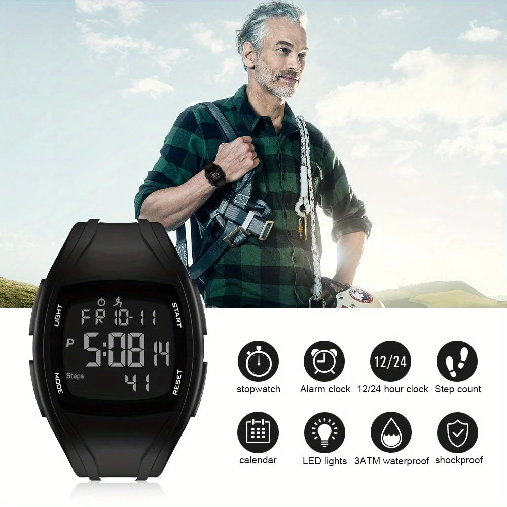 Men's Outdoor Digital Watch – LED Backlight, 5D Pedometer, Countdown, Stopwatch, Waterproof