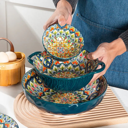 Bohemian Retro Ceramic Dinner Plate Set – Household Tableware with Salad & Soup Bowls