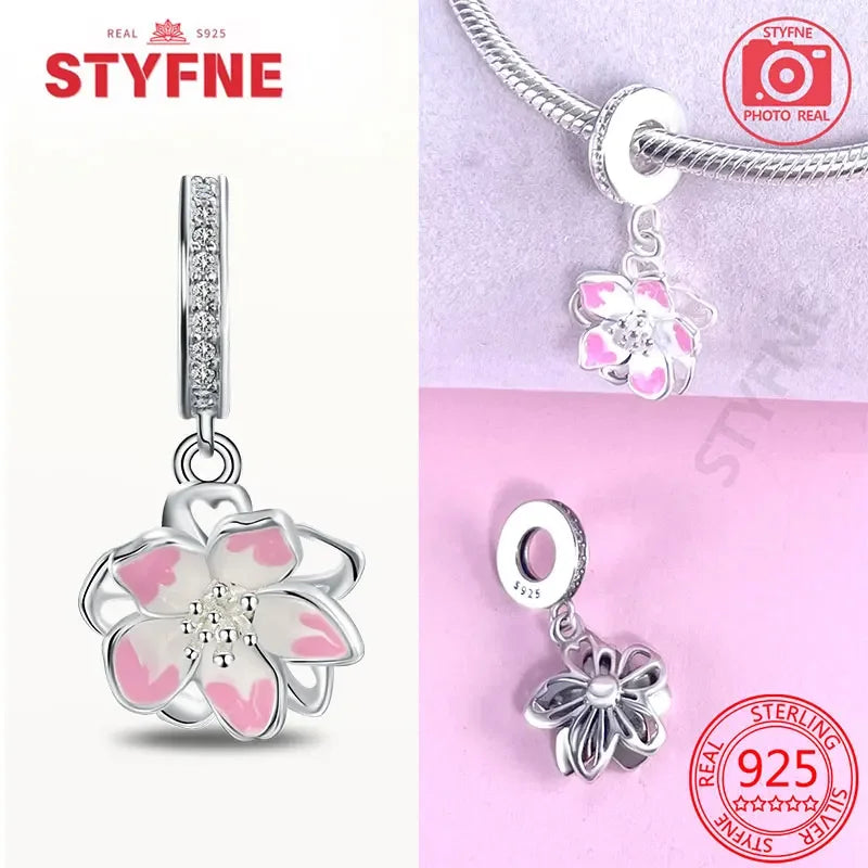 925 Silver Rose Pink Flower Shiny  Zircon Charm Beads For Original Charms Original Bracelet for Women DIY fine Jewelry Gift