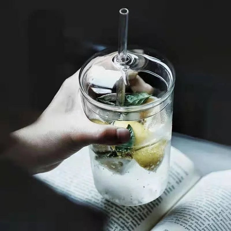 450ML Can Shaped Glass Cup with Dome Lid & Glass Straw – Beer Iced Coffee Tumbler