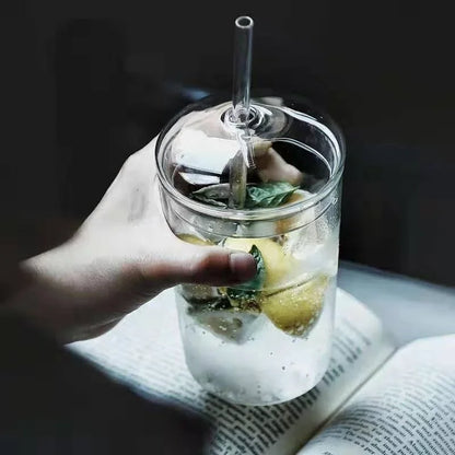 450ML Can Shaped Glass Cup with Dome Lid & Glass Straw – Beer Iced Coffee Tumbler