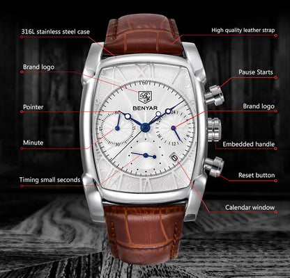 Relogio Masculino Mens Watches Top Luxury Brand BENYAR Chronograph Leather Quartz Watch Men Military Sport Rectangle Wristwatch - BeeTrendyShop.COM