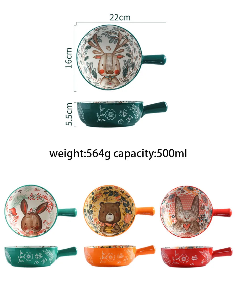 Ceramic Bakeware With Handle Forest Animals Baking Pan  Underglaze  Kitchen Tableware Salad Bowl Au Gratin Dishes
