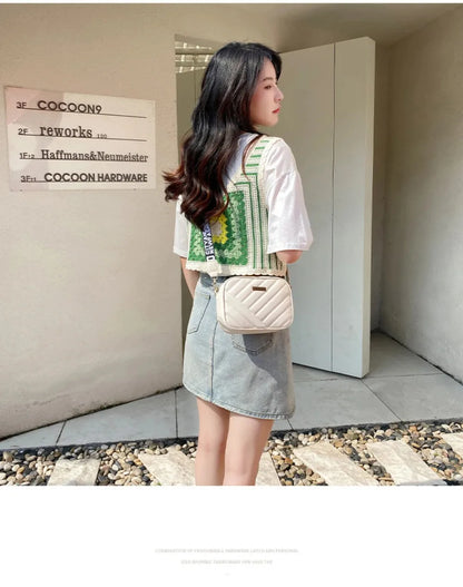 High quality women's PU rolling strip camera bag shoulder bag mobile phone bag casual crossbody bag - BeeTrendyShop.COM