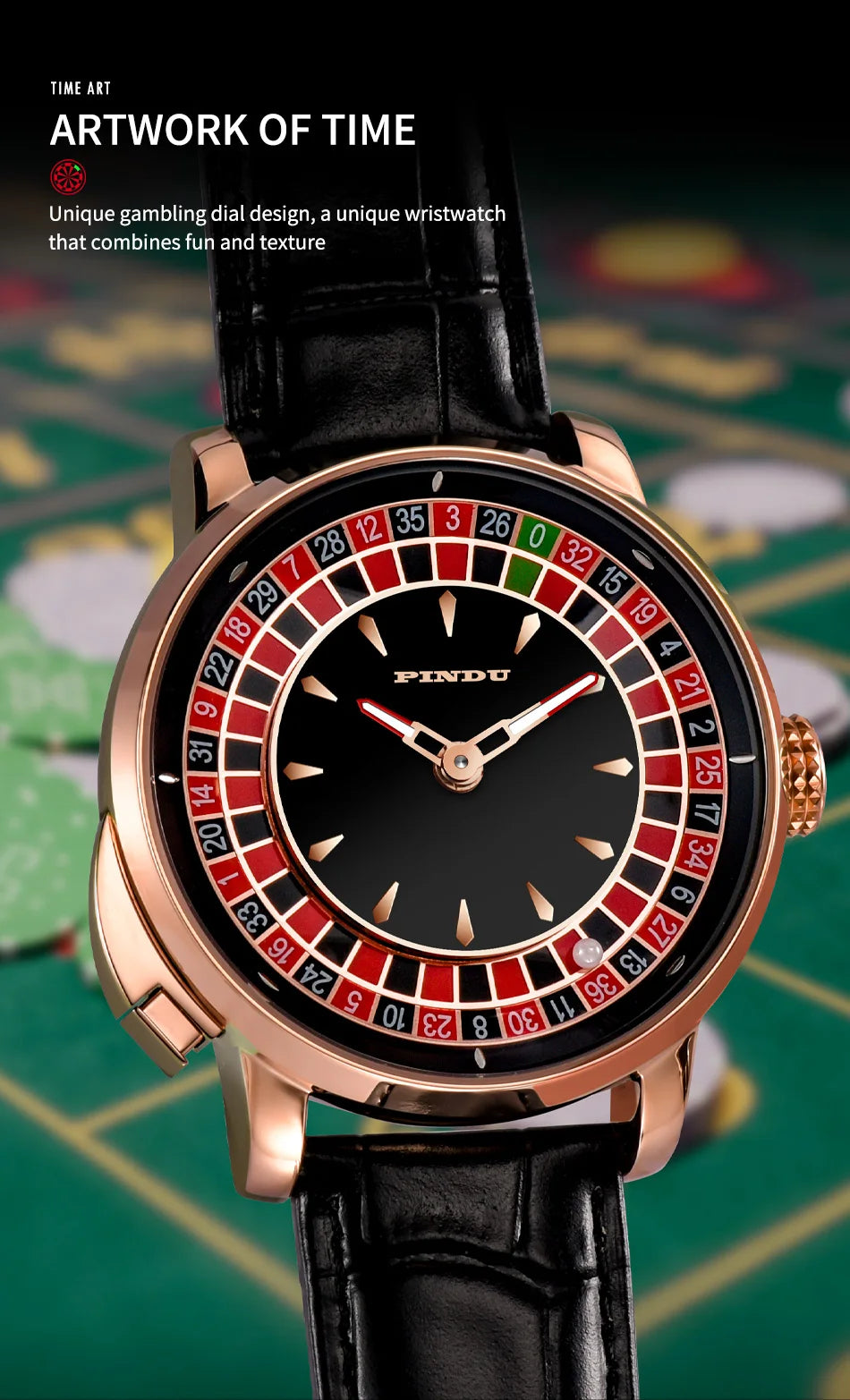 PINDU Players Gambling Series Men's Mechanical Watch European Roulette Poker Game Dial Automatic Movement Design Party Watch