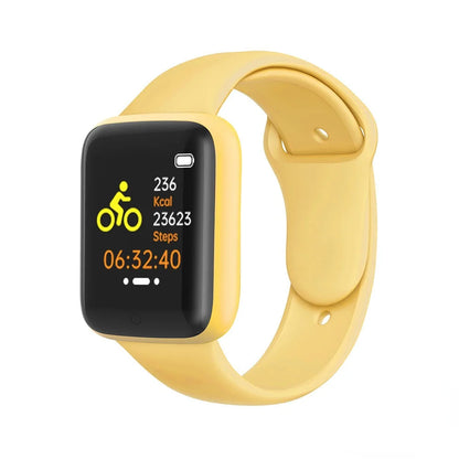 Yellow smartwatch with a black display on a white background