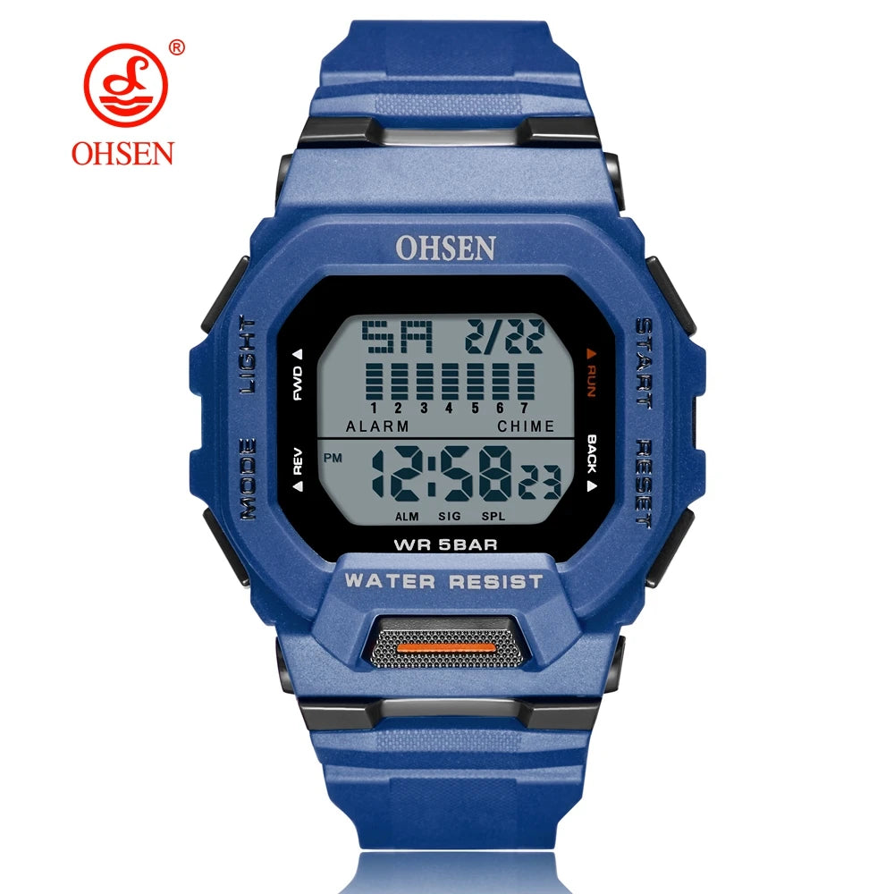 Blue digital watch with black display on a white background, featuring the OHSEN brand.