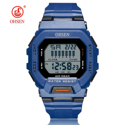 Blue digital watch with black display on a white background, featuring the OHSEN brand.