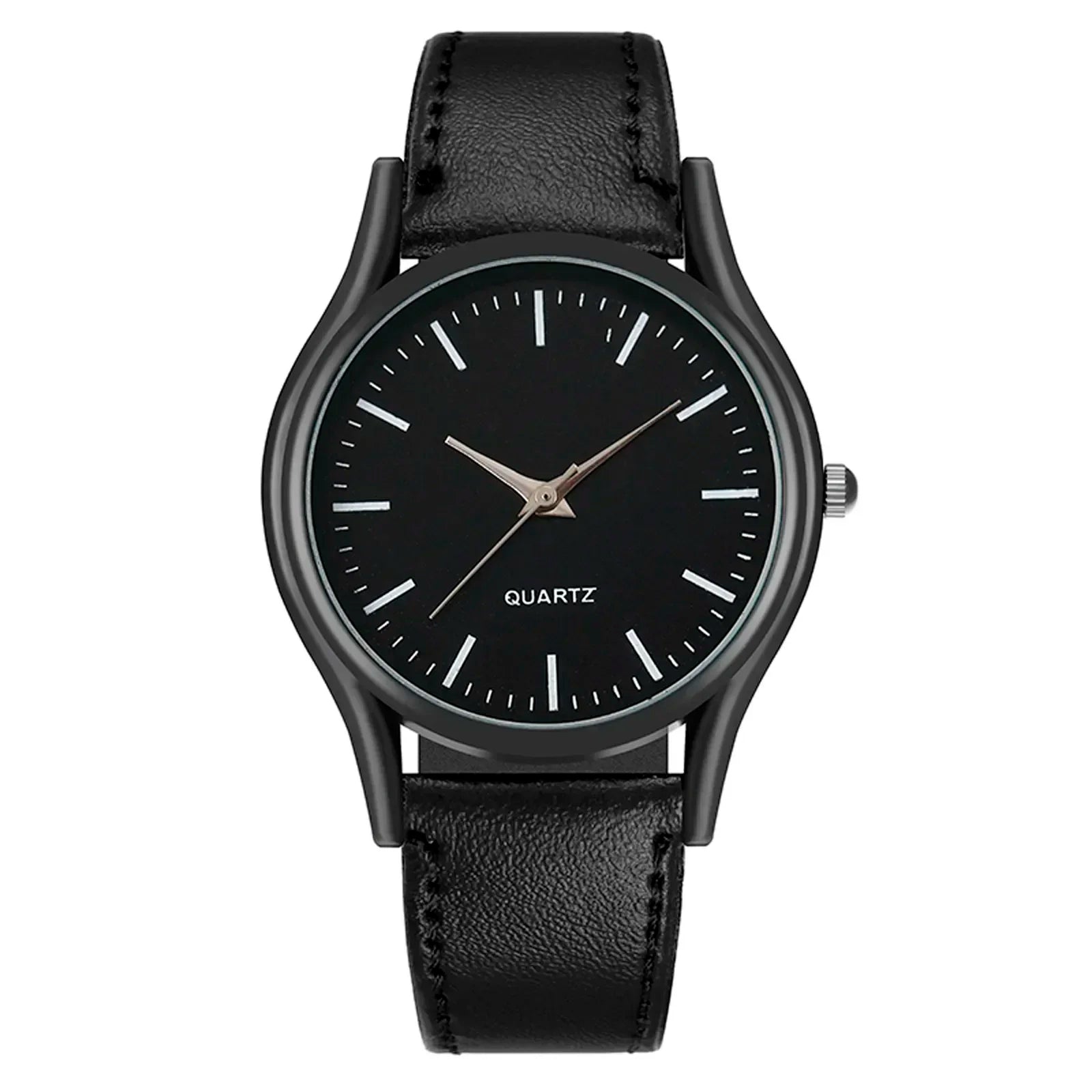 Black wristwatch with a leather strap on a white background