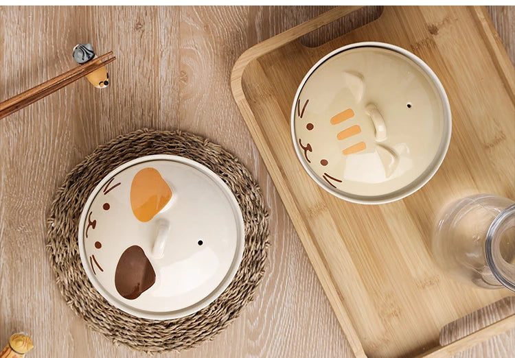 Japanese Creative Ceramic Soup Bowl Cute Cartoon Animals with Lid Cat Bowl Household Instant Noodles Bowl Rice Bowl Tableware