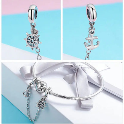 925 Sterling Silver Safety Chain Charm – Heart, Key & Flower CZ Stopper Bead