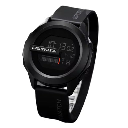 Black digital sports watch on a white background