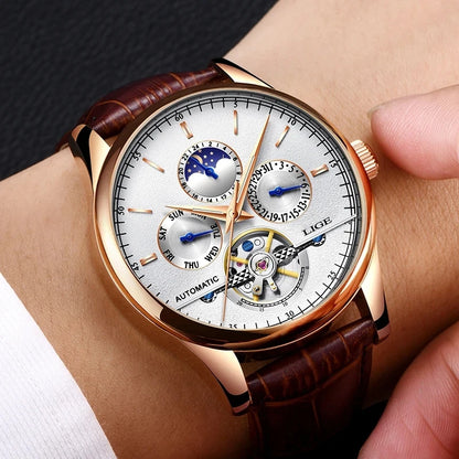 LIGE Tourbillon Automatic Mechanical Watch – 50M Waterproof, Date & Week Display