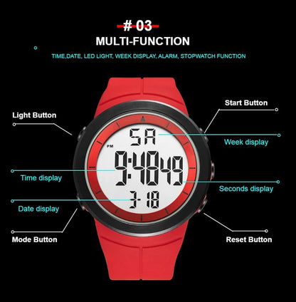 Men's Tactical Digital Watch – 50M Diving, Black LED Military, Alarm & Stopwatch