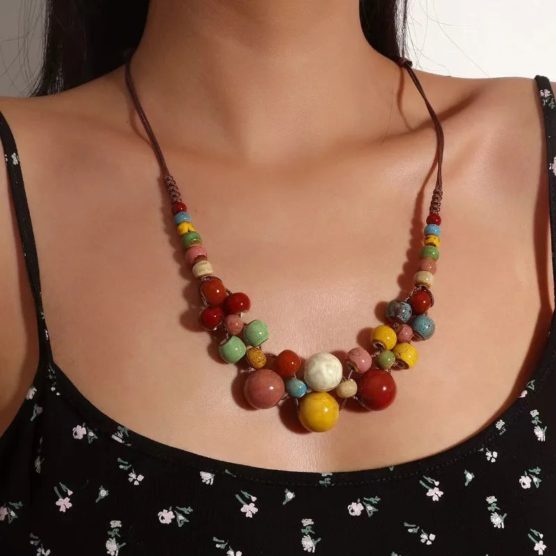 Colorful Handmade Ceramic Necklace – Multilayer Boho Beaded Jewelry