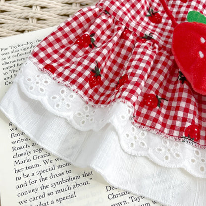 Strawberry Plaid Dog Dress for Small Breeds - Summer Puppy Apparel - BeeTrendyShop.COM