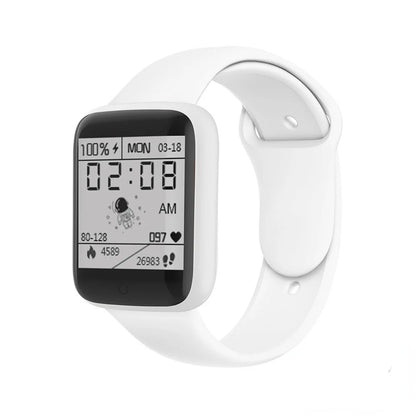 White digital smartwatch with a black display on a white background