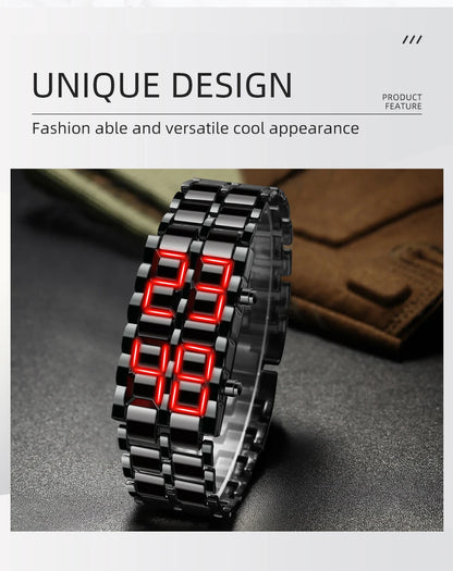 Fashion Mens Digital Lava Wrist Watch Men Black Full Metal Red Blue LED Display Watches Gifts for Male Boy Sport Creative Clock - BeeTrendyShop.COM