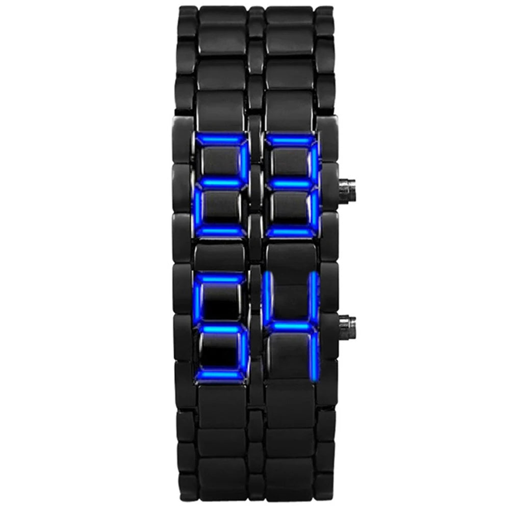 Black digital watch with blue LED display on a white background