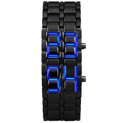 Black digital watch with blue LED display on a white background