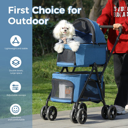 Blue pet stroller with a white dog inside, being pushed by a person, on a grassy outdoor path.