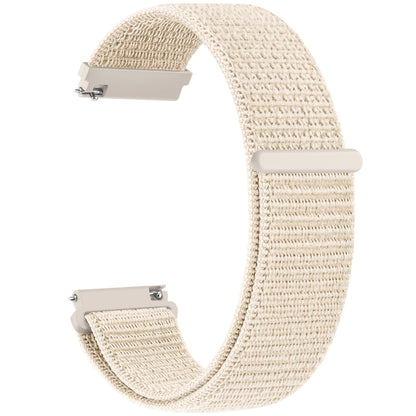 Beige woven watch strap with metal clasp on a white background