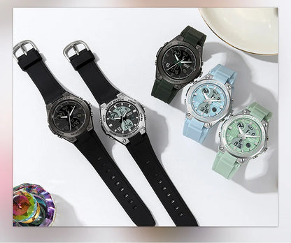 Five watches with different colored straps on a light background