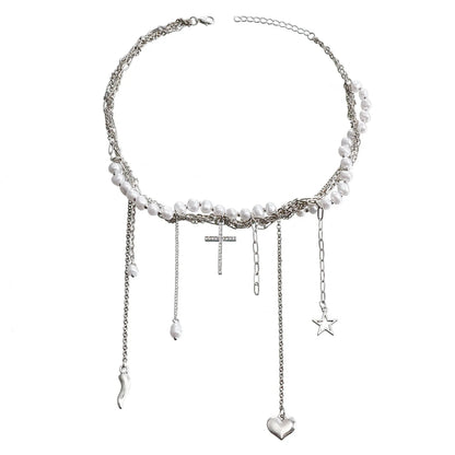Y2K Heart Pendant Multilayer Choker Necklace – Glass & Zinc Alloy Women’s Jewelry