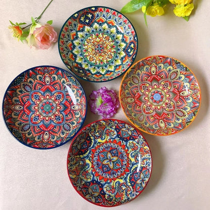 8-Inch Bohemian Ceramic Steak & Dinner Plate – Vintage Floral Dinnerware for Home & Restaurant