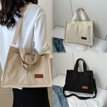 Collage of a beige tote bag worn over the shoulder, a black tote bag on a white surface, and a beige tote bag on a white surface.
