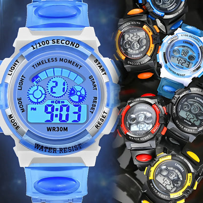Collection of digital wristwatches with various colored bands on a dark background