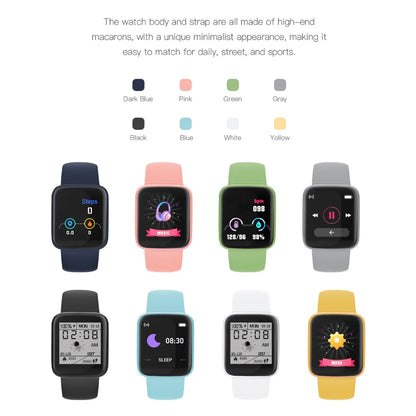 Collection of smartwatches in various colors with color swatches below on a white background.
