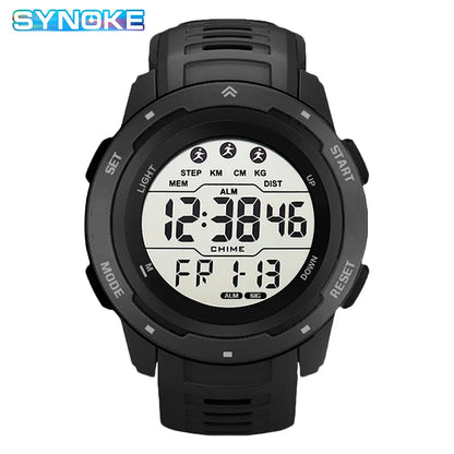 Black digital watch with white display on a white background, featuring the brand 'SYNOKE'.