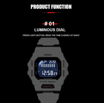 Men's Outdoor Tactical Digital Watch – Green Silicone, Waterproof, Big Dial, Sport Wristwatch